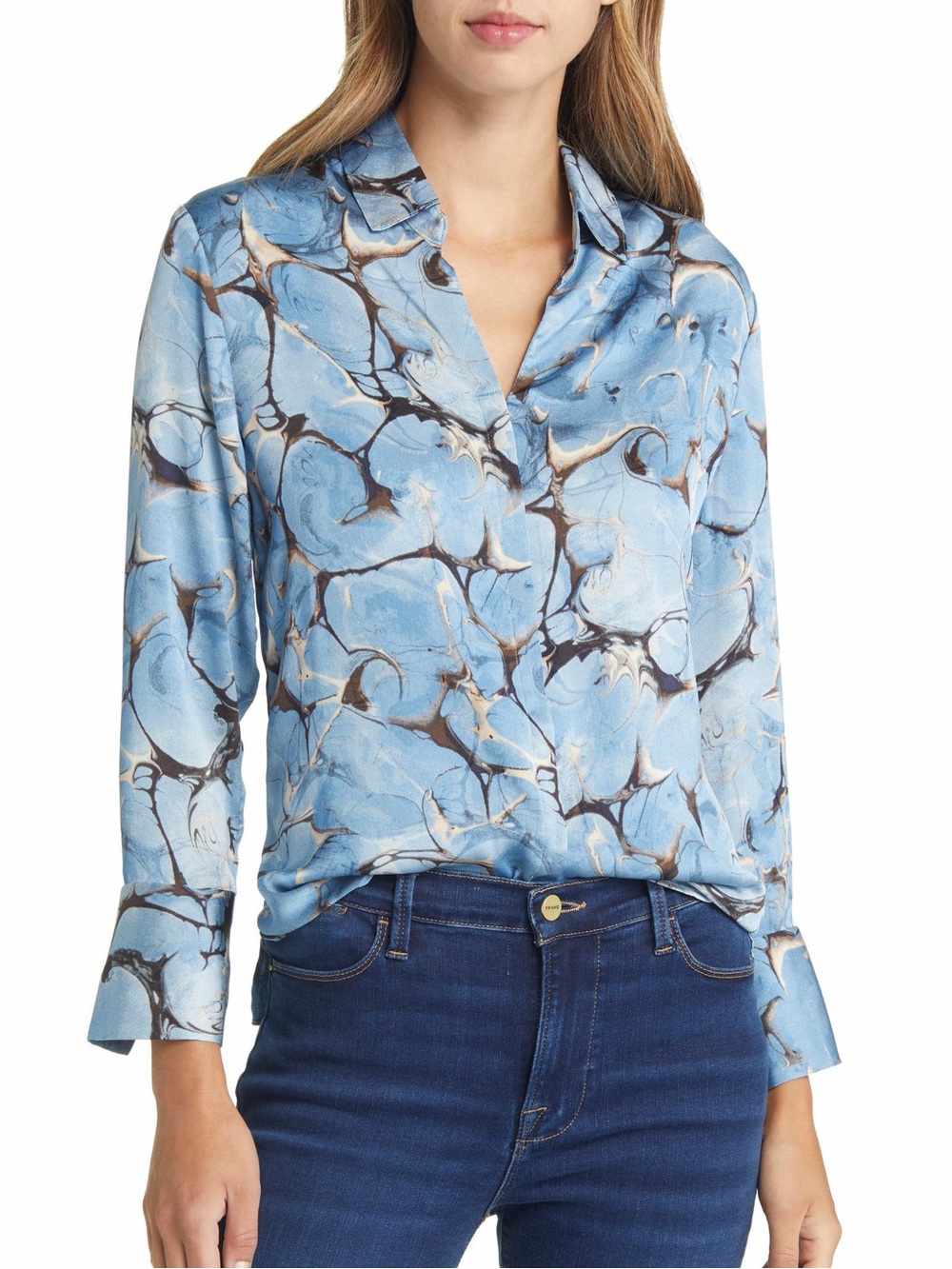 NIC+ZOE Blue Marble-Print Button-Down Blouse